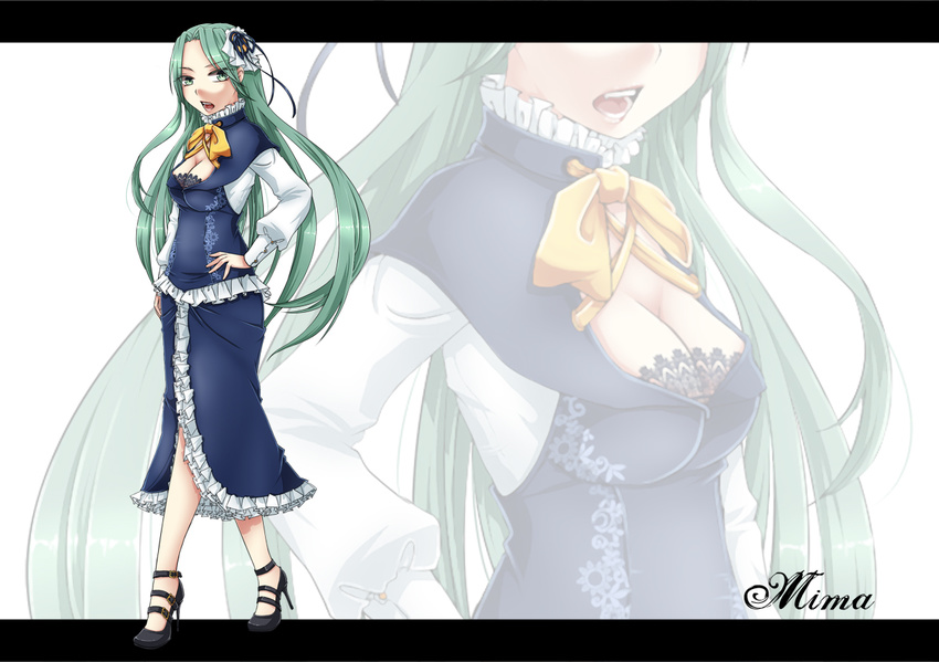 alternate_costume bad_id bad_pixiv_id breasts capelet character_name cleavage cleavage_cutout frills geike green_eyes green_hair hand_on_hip high_heels letterboxed long_hair medium_breasts mima no_hat no_headwear shoes solo touhou touhou_(pc-98) very_long_hair zoom_layer