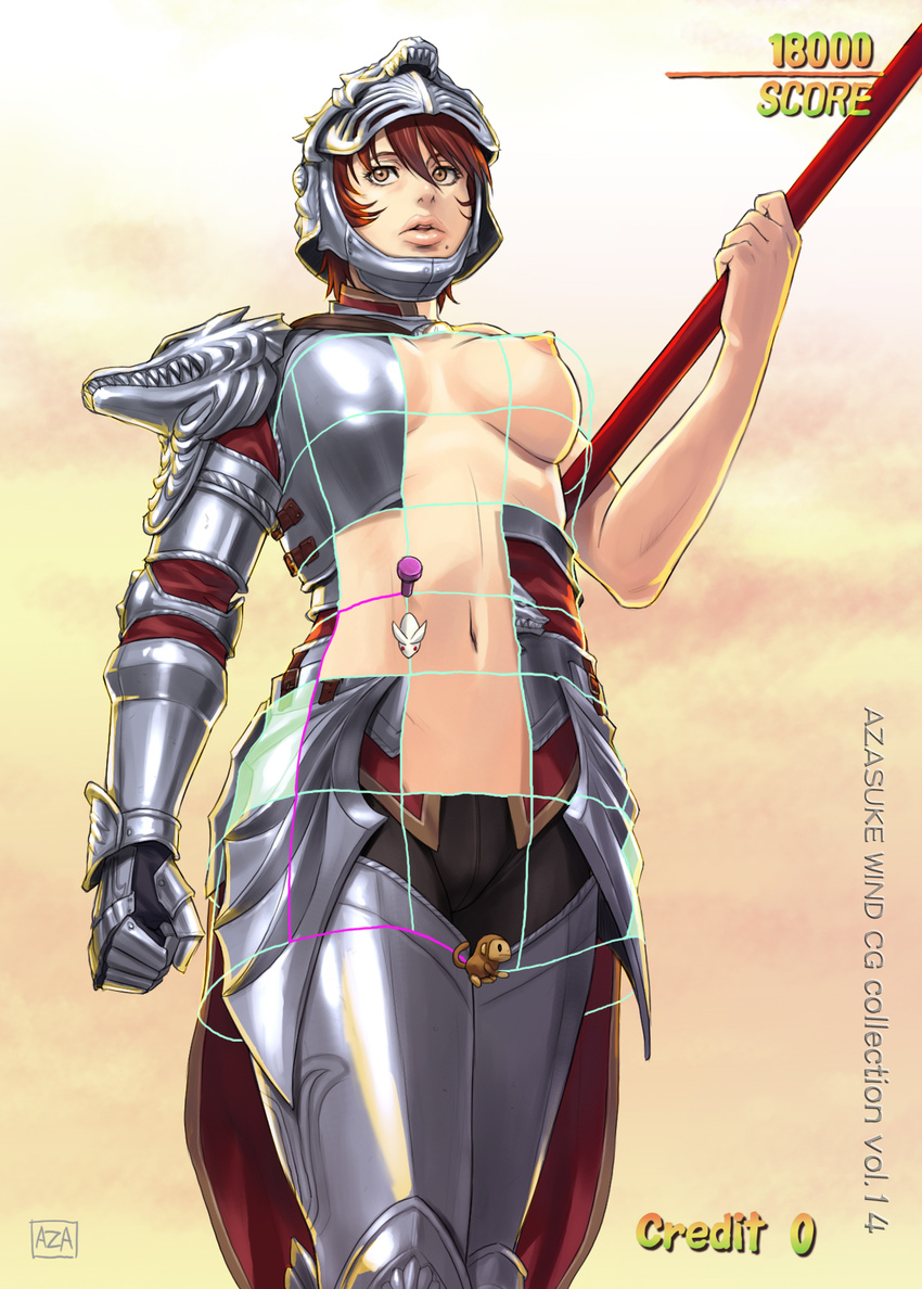 1girl areolae armor azasuke breasts dancing_eyes erect_nipples helmet highres hilde hildegard_von_krone knight large_breasts lips mole navel nipples score solo soul_calibur soul_calibur_iv soulcalibur_iv standing weapon yellow_eyes