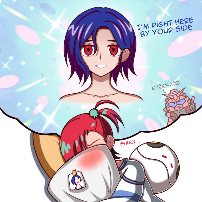 1boy 1girl amate_yuzuriha blue_hair blush commentary dreaming english_text glowing gundam gundam_gquuuuuux haro hashtag-only_commentary head_on_pillow highres holding hugging_object long_sleeves looking_at_viewer mecha mobile_suit nude open_mouth pajamas pillow pillow_hug ponytail purple_eyes red_eyes red_gundam red_hair robot science_fiction shirt short_hair shuji_ito smile v-fin zeon132