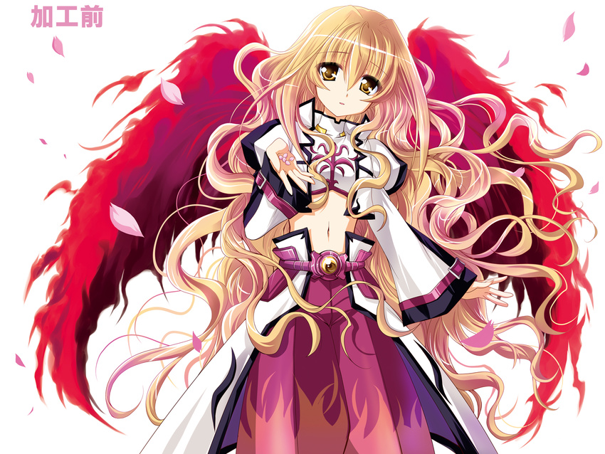 belt blonde_hair cherry_blossoms fiery_wings flat_chest highres kanna_(plum) long_hair looking_at_viewer lyrical_nanoha mahou_shoujo_lyrical_nanoha mahou_shoujo_lyrical_nanoha_a's mahou_shoujo_lyrical_nanoha_a's_portable:_the_battle_of_aces mahou_shoujo_lyrical_nanoha_a's_portable:_the_gears_of_destiny midriff navel simple_background solo u-d very_long_hair wide_sleeves wings yellow_eyes