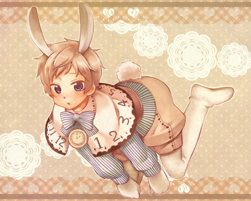 alice_in_wonderland animal_ears axis_powers_hetalia blonde_hair blush bunny bunny_ears bunny_tail bunnyboy clock cosplay full_body latvia_(hetalia) male_focus open_mouth purple_eyes ribbon sensaki_chihiro solo tail white_rabbit white_rabbit_(cosplay)