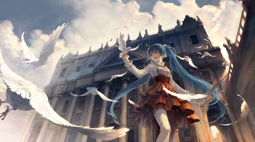 aqua_eyes aqua_hair architecture bird cloud cloudy_sky day dove dress feathers flock garter_straps hatsune_miku italy landmark long_hair outdoors perspective silverwing sky smile solo st._peter's_square thighhighs twintails vatican very_long_hair vocaloid white_legwear