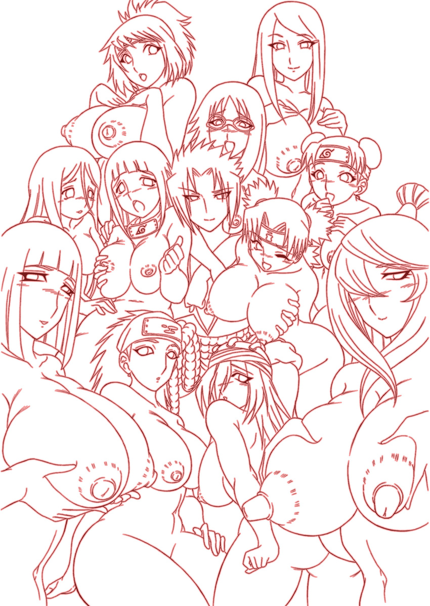 ass breasts harem highres huge_breasts hyuuga_hanabi hyuuga_hinata karin_(naruto) karui large_breasts lineart mitarashi_anko monochrome multiple_girls naruto_(series) naruto_shippuuden pimp samui_(naruto) sketch tayuya temari tenten terumi_mei uchiha_sasuke uzumaki_kushina yukimaru_(gojo)