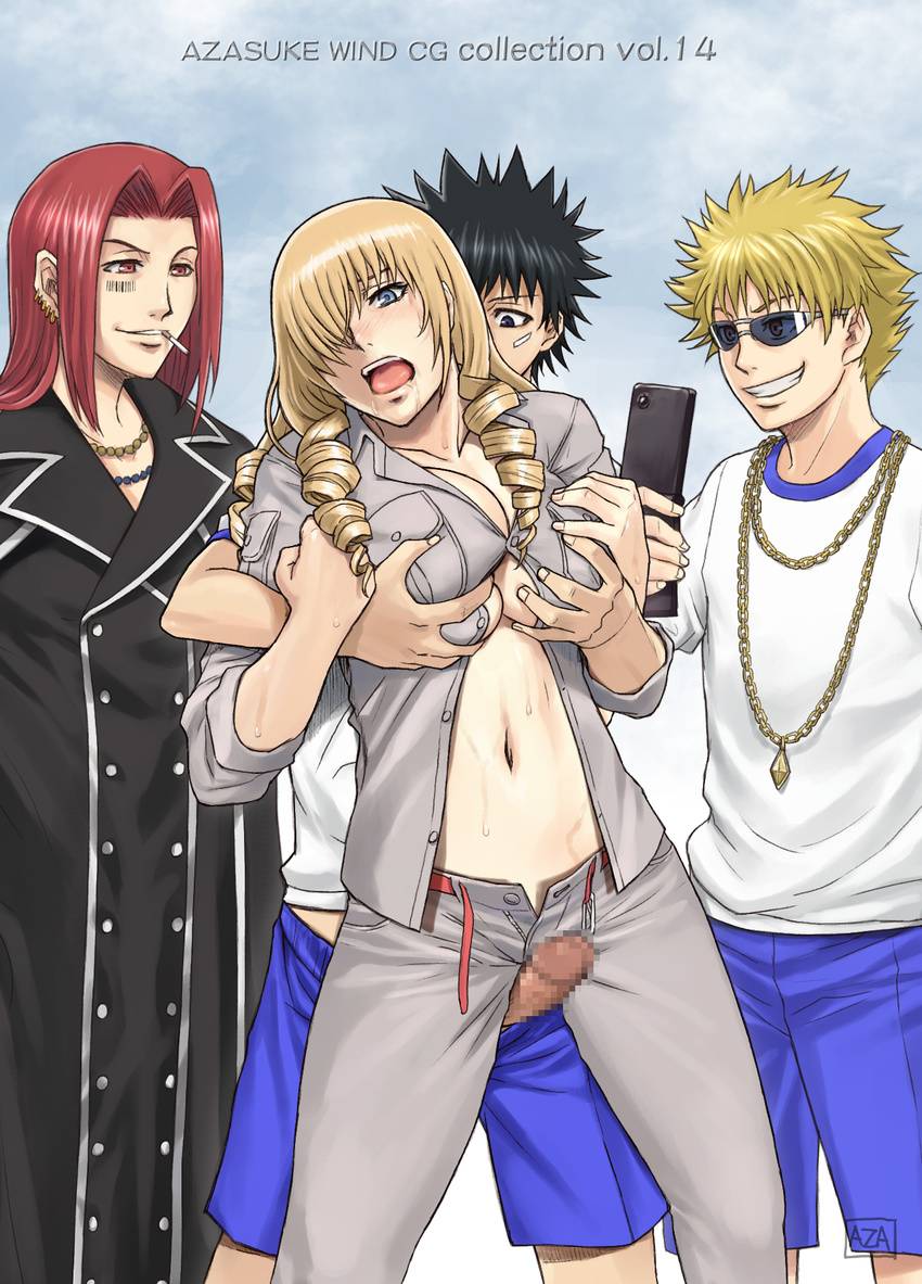 1girl azasuke black_hair blonde_hair blue_eyes blush breast_grab breasts cellphone censored cigarette clenched_teeth drill_hair everyone gangbang grabbing group group_sex hair_over_one_eye highres kamijou_touma large_breasts long_hair navel nipples no_bra open_mouth oriana_thomason oriana_thompson penis phone red_eyes red_hair rubbing saliva sex short_hair smile standing stiyl_magnus sunglasses sweat teeth thigh_sex thighs to_aru_majutsu_no_index tsuchimikado_motoharu