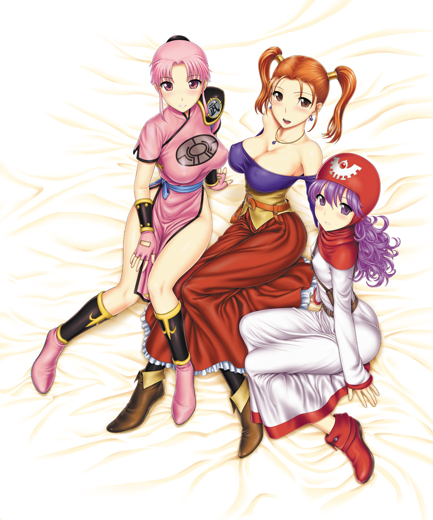 3girls bag bare_shoulders blush boots breasts brown_eyes chunsoft cleavage corset dragon_quest dragon_quest_dai_no_daibouken dragon_quest_ii dragon_quest_viii dress earrings enix erect_nipples fingerless_gloves gloves highres hood huge_breasts jessica_albert jewelry large_breasts long_hair maam multiple_girls necklace open_mouth pink_eyes pink_hair princess_of_moonbrook purple_eyes purple_hair red_hair short_hair short_twintails sitting small_breasts smile square_enix st.germain-sal twintails