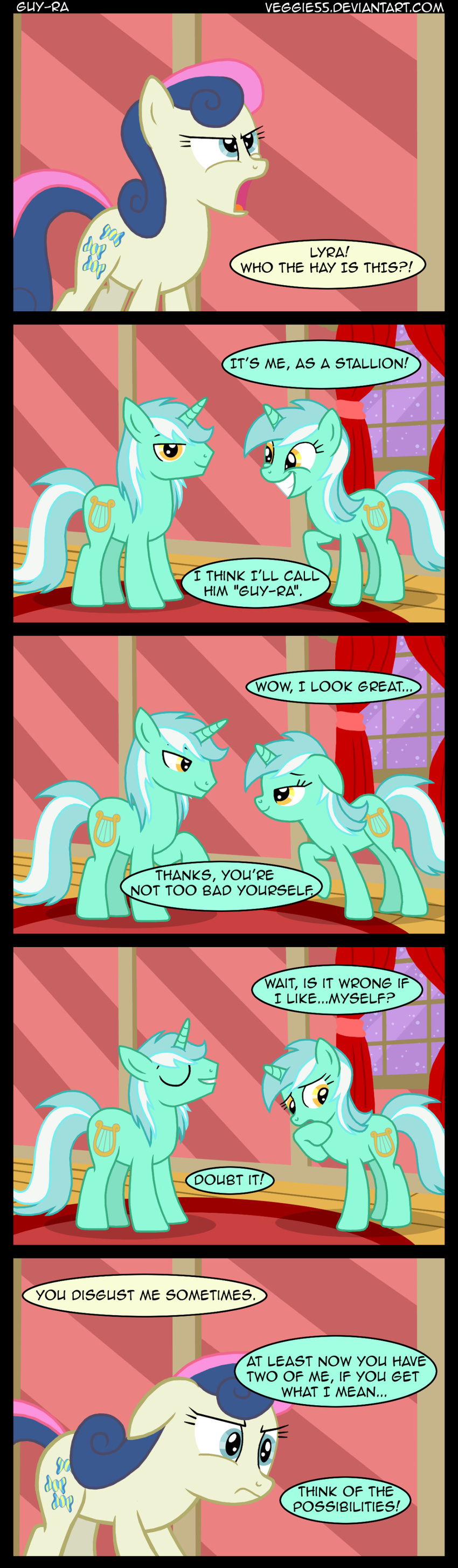 amber_eyes animal_ears blue_eyes bonbon_(mlp) comic crossgender cutie_mark dialog dialogue english_text equine female feral friendship_is_magic hair horn horse lyra_(mlp) lyra_heartstrings_(mlp) male mammal my_little_pony pony square_crossover tail text two_tone_hair unicorn veggie55