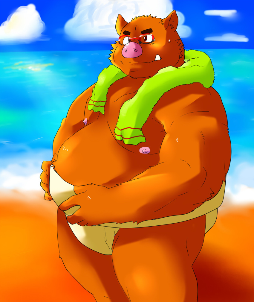 2011 anthro beach belly boar brown_fur doran_(pixiv_artist) eyewear fur glasses humanoid_hands male mammal moobs nipples overweight overweight_male porcine seaside solo towel water