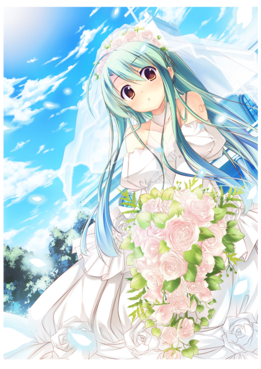 absurdres aqua_hair bad_id bad_pixiv_id bare_shoulders cloud day dress dutch_angle flower hatsune_miku highres kaho_okashii long_hair rose sky solo veil vocaloid wedding_dress yellow_eyes