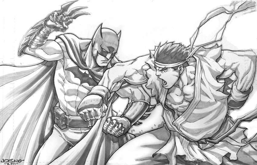 2011 2boys bat_(symbol) batman batman_(series) batrang belt bruce_wayne capcom crossover dc_comics dougi duo epic fight fighting fingerless_gloves gloves joeng karate_gi male male_focus multiple_boys ryu ryuu_(street_fighter) sketch street_fighter utility_belt