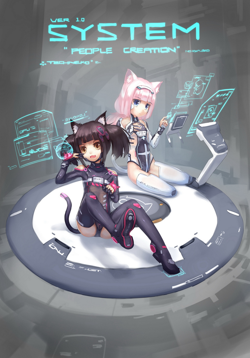 animal_ears bad_id bad_pixiv_id black_hair blue_eyes borrowed_character brown_eyes cat_ears cat_tail chocola_(sayori) highres multiple_girls nekopara observerz pink_hair tail thighhighs vanilla_(sayori)