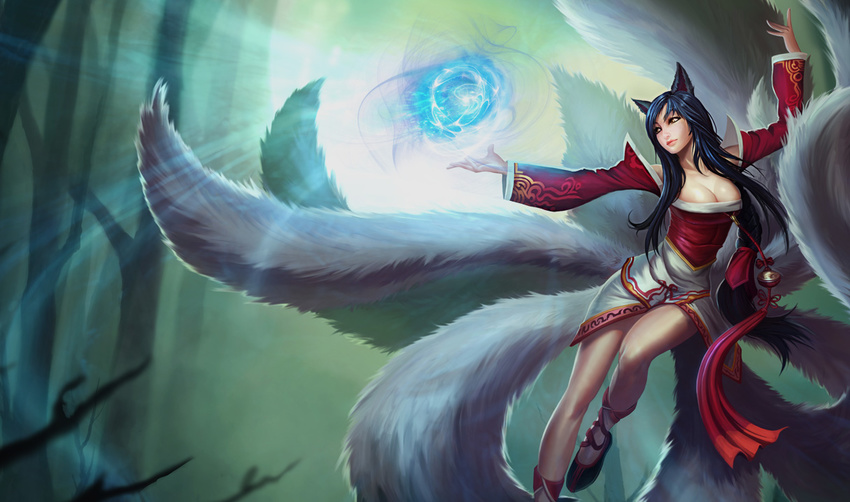 ahri animal_ears black_hair fox fox_ears fox_girl fox_tail fur kitsune league_of_legends long_hair magic multiple_tails tail