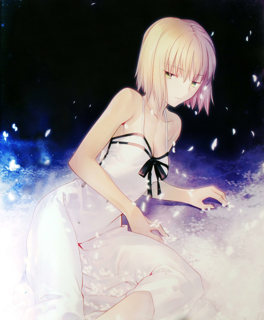 absurdres bare_shoulders blonde_hair breasts cherry_blossoms cleavage collarbone dress green_eyes highres kyoto lying on_side original ribbon short_hair small_breasts solo takeuchi_takashi