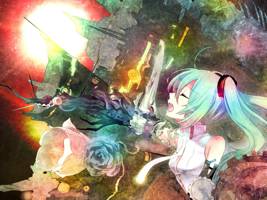 aqua_hair flowers hatsune_miku long_hair miku_append rose tagme_(artist) twintails vocaloid