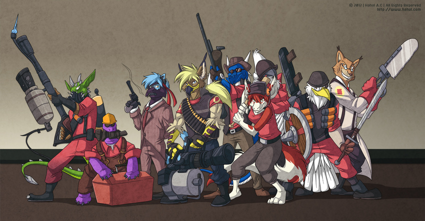 2012 avian bird cat demoman_(team_fortress_2) dragon eagle engineer_(team_fortress_2) eyewear feathers feline flamethrower gas_mask glasses gryphon gun hahul heavy_(team_fortress_2) looking_at_viewer lynx medic_(team_fortress_2) parrot pistol pyro_(team_fortress_2) ranged_weapon scout_(team_fortress_2) sige sniper_(team_fortress_2) soldier_(team_fortress_2) spy_(team_fortress_2) sumire-iro sword team_fortress_2 turtle video_games weapon
