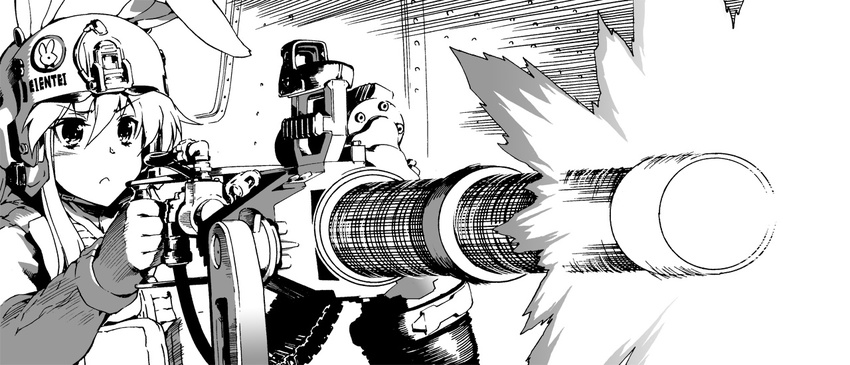 animal_ears bunny_ears byeontae_jagga firing frown gatling_gun greyscale gun helmet holding holding_gun holding_weapon military military_jacket military_uniform minigun monochrome motion_blur muzzle_flash reisen_udongein_inaba solo touhou uniform weapon