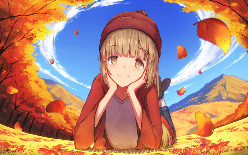 1girl alternate_costume autumn beanie blue_sky brown_eyes cloud eyebrows_visible_through_hair falling_leaves hands_on_own_cheeks hands_on_own_face hat highres idolmaster idolmaster_cinderella_girls jacket leaf light_brown_hair looking_at_viewer lying mountain on_stomach outdoors pants shoes sidelocks sky smile sweater tanikawa_(tanitani_s) yorita_yoshino