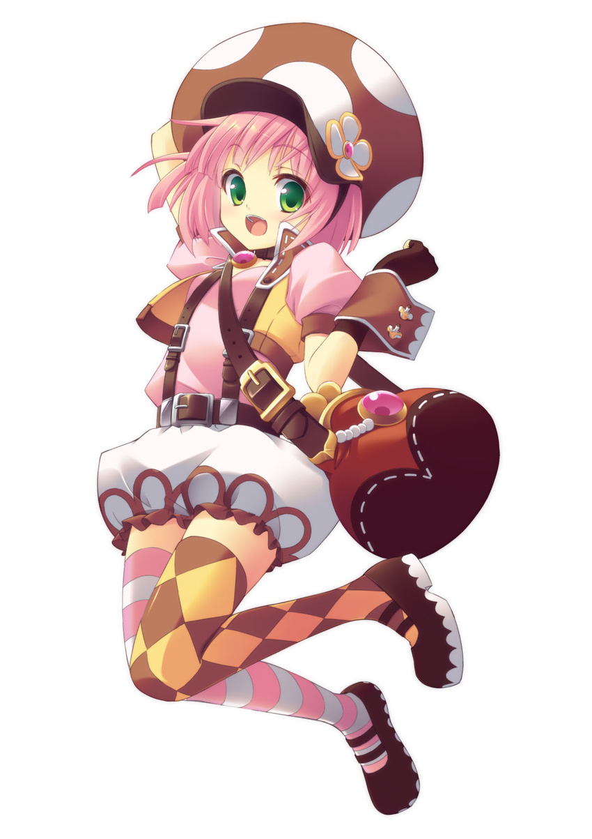 artist_request bag character_request copyright_request fingerless_gloves gloves green_eyes hat highres open_mouth pink_hair short_hair simple_background solo suspenders thighhighs