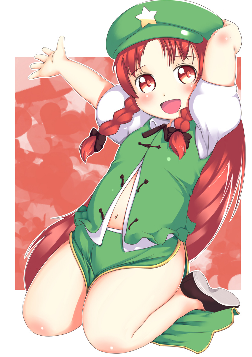 bow braid flats gigokku hat highres hong_meiling long_hair navel open_mouth red_eyes red_hair side_slit sitting smile solo star touhou twin_braids very_long_hair wariza younger
