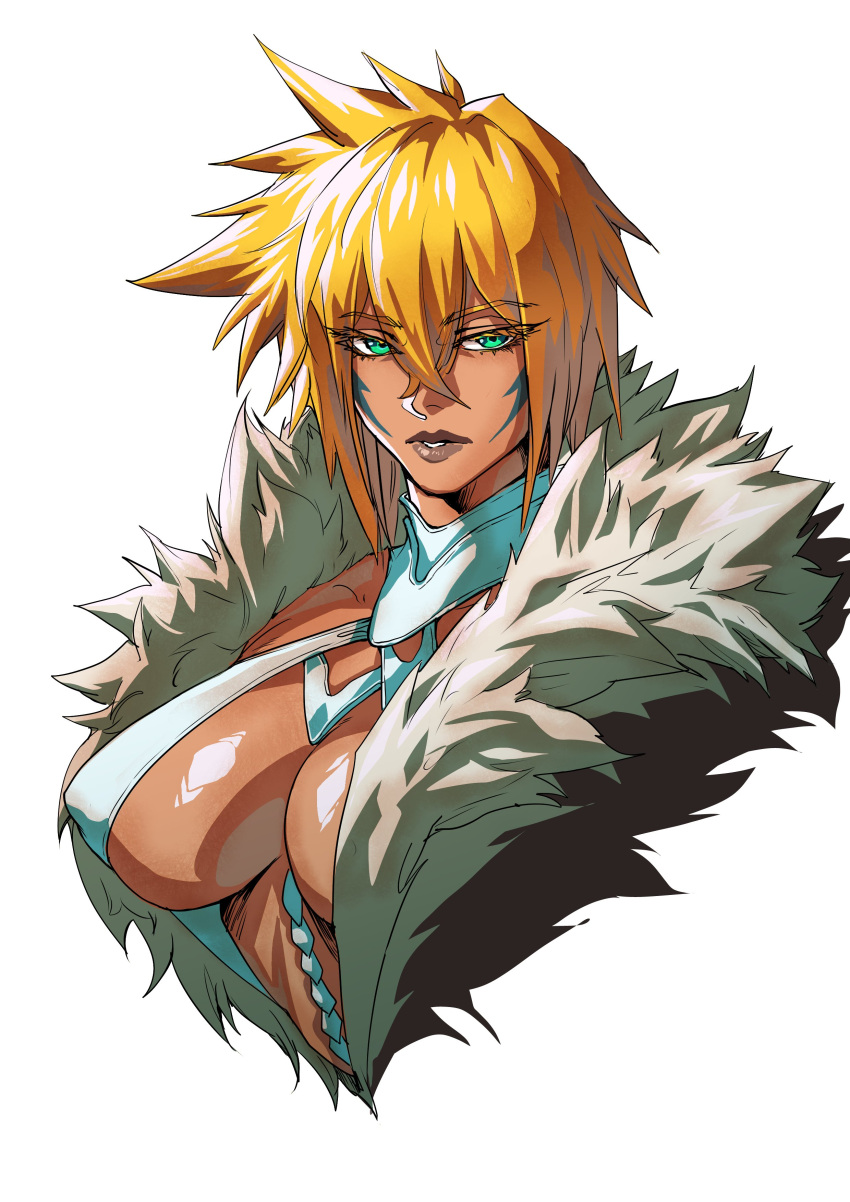 1girl absurdres arrancar bleach blonde_hair breasts dark-skinned_female dark_skin eyebrows_hidden_by_hair facial_tattoo fur_collar fur_trim green_eyes hair_between_eyes highres large_breasts lips looking_at_viewer parted_lips plunging_neckline portrait short_hair sidelocks simple_background solo spiked_hair tattoo tier_harribel upper_body virgoart white_background