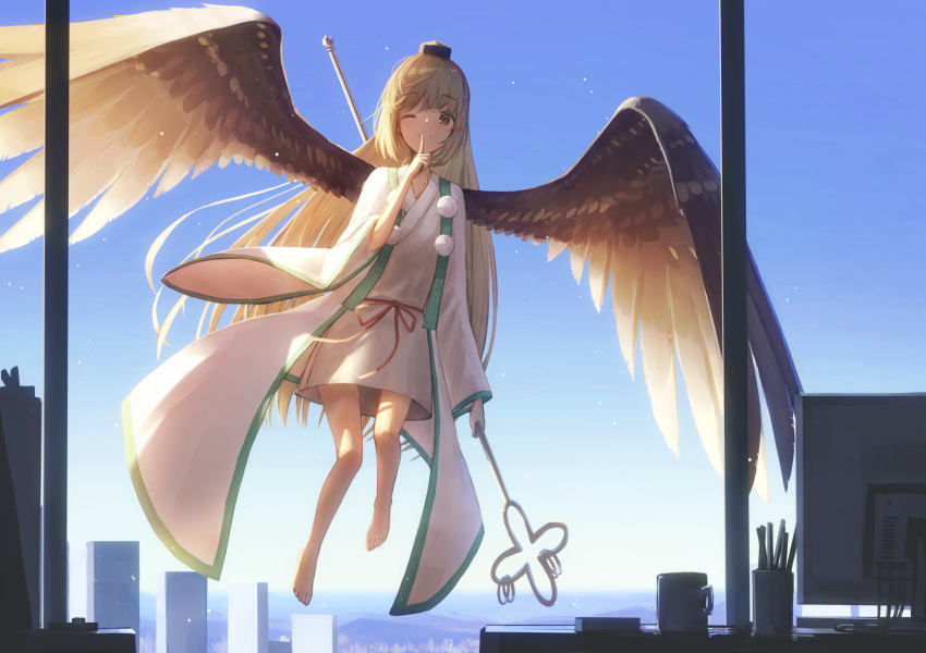 1girl bare_legs brown_eyes building cityscape cup finger_to_mouth flying grin hat highres idolmaster idolmaster_cinderella_girls japanese_clothes light_brown_hair long_hair one_eye_closed pom_pom_(clothes) shushing smile staff tanikawa_(tanitani_s) tokin_hat very_long_hair wings yorita_yoshino