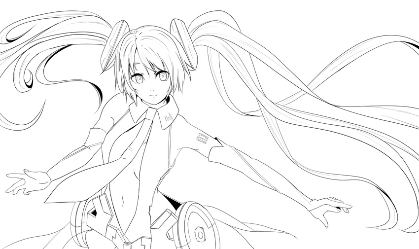 absurdres akasaka_shop bad_id bad_pixiv_id elbow_gloves gloves greyscale hatsune_miku hatsune_miku_(append) highres lineart long_hair monochrome necktie smile solo twintails very_long_hair vocaloid vocaloid_append