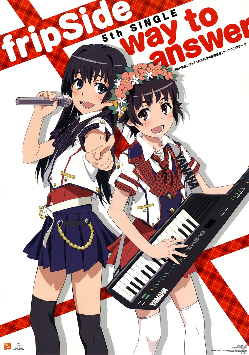 absurdres album_cover belt black_hair black_legwear blue_eyes blush brown_eyes cover head_wreath highres long_hair microphone multiple_girls official_art over-kneehighs plaid pleated_skirt pointing saten_ruiko short_hair skirt smile tanaka_yuuichi thighhighs to_aru_kagaku_no_railgun to_aru_majutsu_no_index uiharu_kazari white_legwear wreath zettai_ryouiki