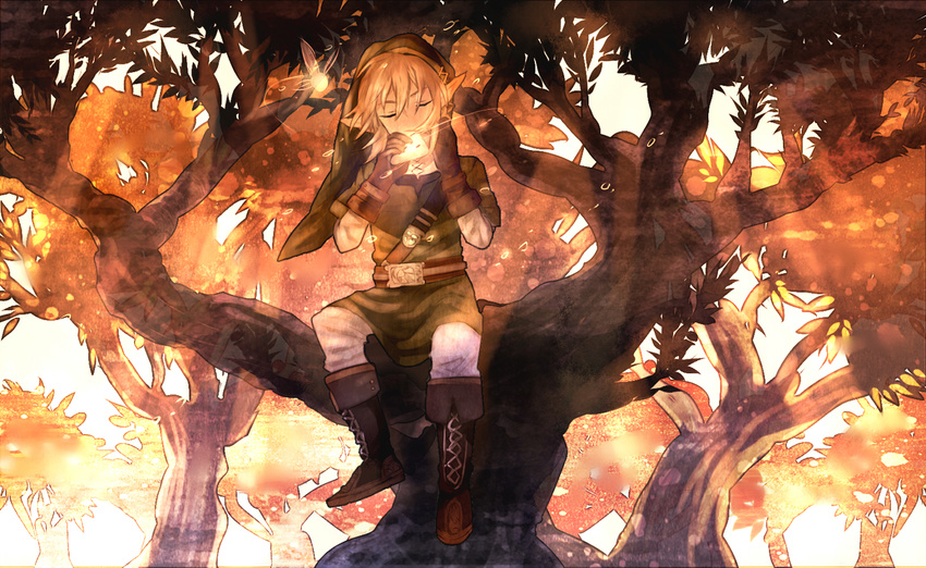 bad_id bad_pixiv_id belt blonde_hair boots closed_eyes fairy gloves hat in_tree instrument link nature navi newo_(shinra-p) ocarina pointy_ears sitting the_legend_of_zelda the_legend_of_zelda:_ocarina_of_time tree