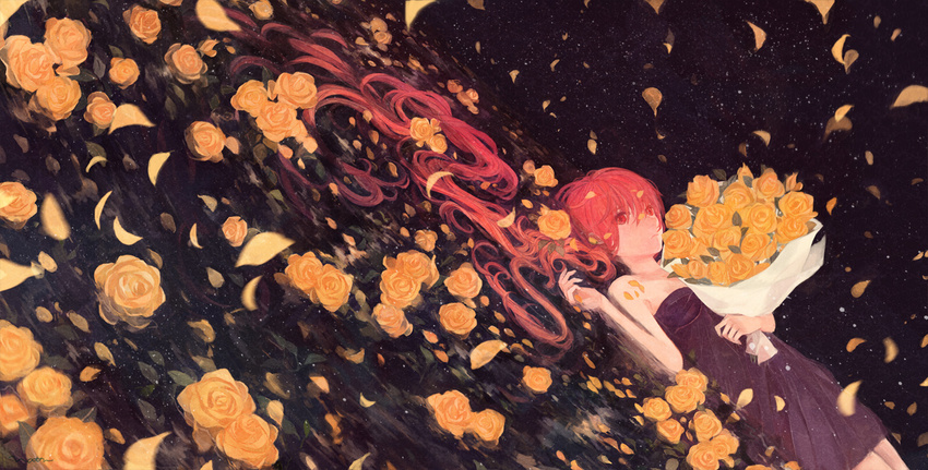 72_(nananatsu) banned_artist bouquet dutch_angle flower long_hair lying md5_mismatch nekomura_iroha on_back petals red_eyes red_hair rose vocaloid yellow_flower yellow_rose