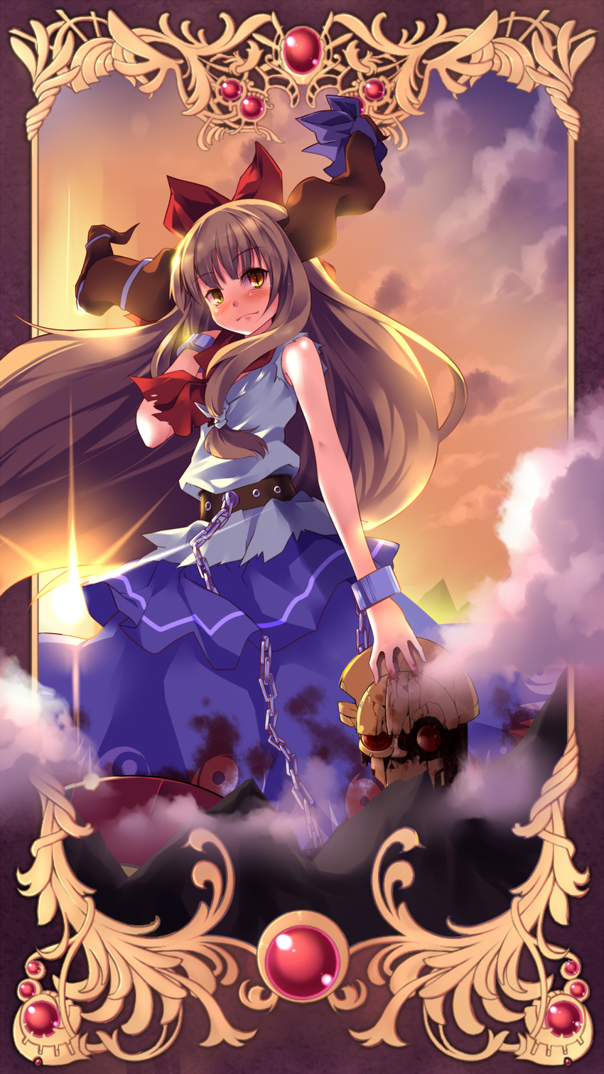 absurdres ascot belt blonde_hair blood bloody_clothes blush bow chain cuffs giantess hair_bow hair_ribbon hand_in_hair helmet highres horn_ribbon horns huangquan_dong_(sinchi) ibuki_suika long_hair mountain red_eyes ribbon shackles shirt skirt sky sleeveless sleeveless_shirt slit_pupils solo sunset touhou