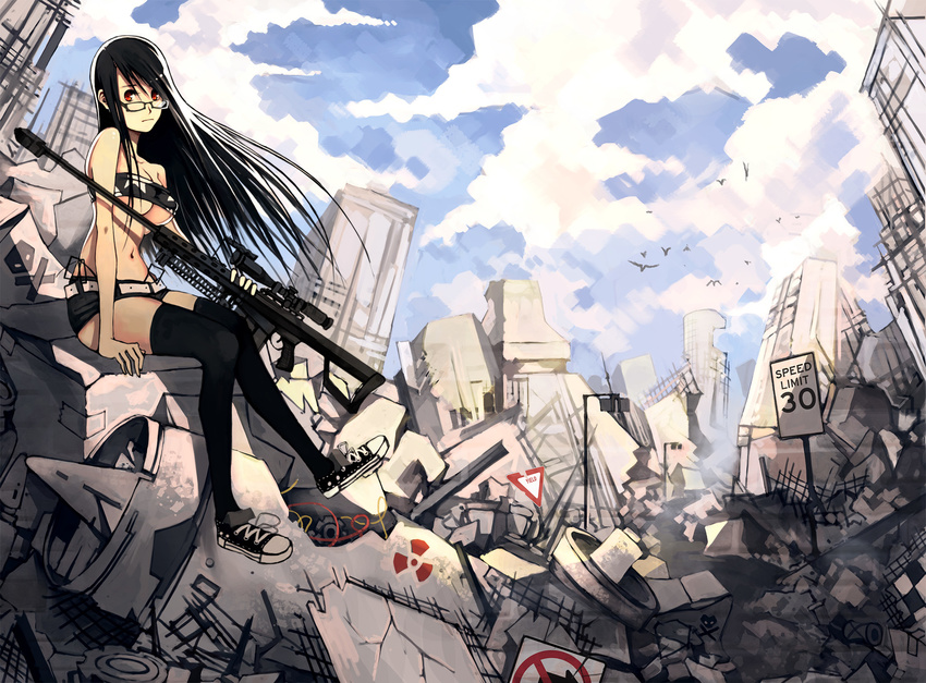 anti-materiel_rifle bad_id bad_pixiv_id barrett_m82 belt black_hair black_legwear breasts cleavage cloud cotton day glasses gun highres large_breasts long_hair midriff navel original red_eyes rifle rubble shoes shorts sign sitting sky sneakers sniper_rifle solo thighhighs weapon