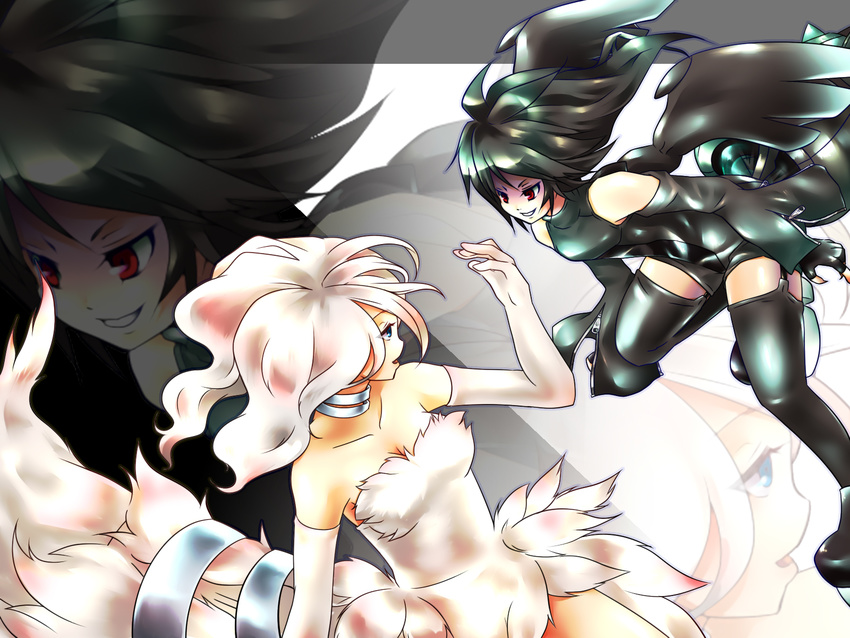 akina_(schism) bad_id bad_pixiv_id black_hair blue_eyes breasts gen_5_pokemon highres long_hair medium_breasts multiple_girls personification pokemon red_eyes reshiram tail thighhighs wings zekrom zoom_layer