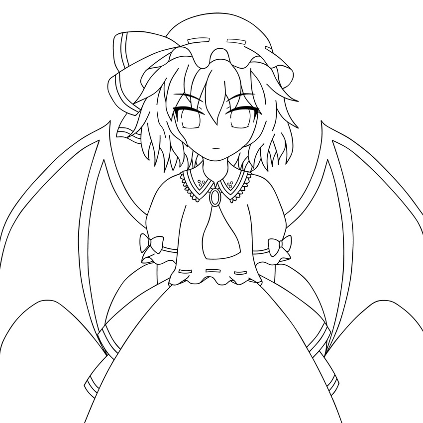 arms_behind_back bad_id bad_pixiv_id greyscale hat highres lineart monochrome remilia_scarlet solo tome_(wolf) touhou transparent_background wings