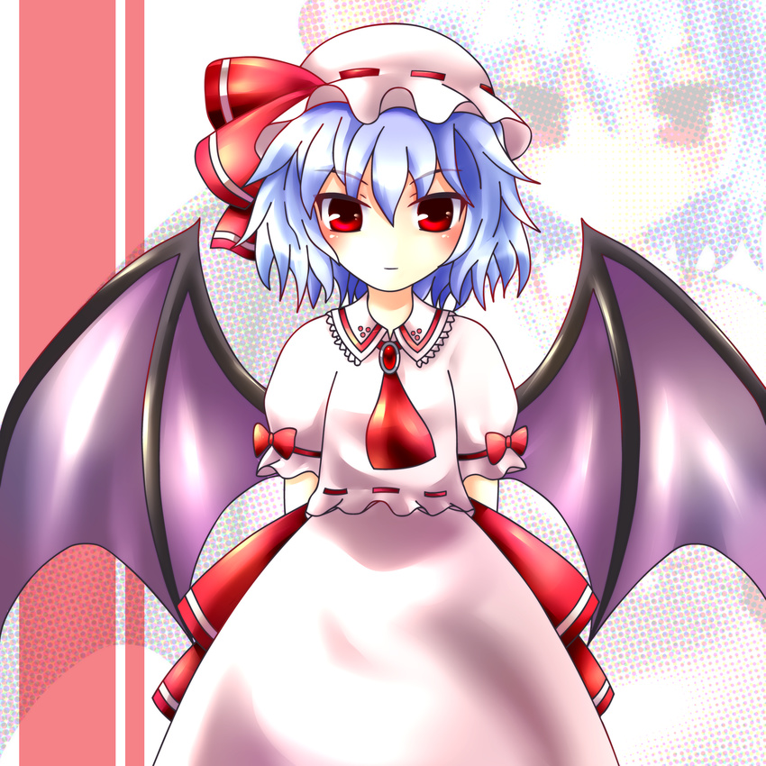 akina_(schism) arms_behind_back bad_id bad_pixiv_id blue_hair colorized hat highres red_eyes remilia_scarlet solo touhou wings zoom_layer