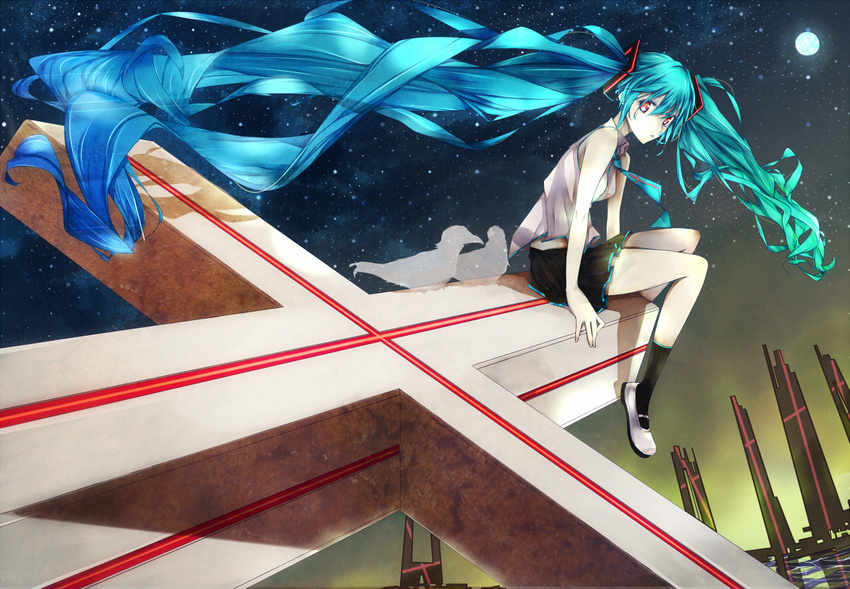 aqua_hair cross hatsune_miku long_hair looking_at_viewer modern_afro necktie red_eyes shoes sitting skirt socks solo twintails very_long_hair vocaloid
