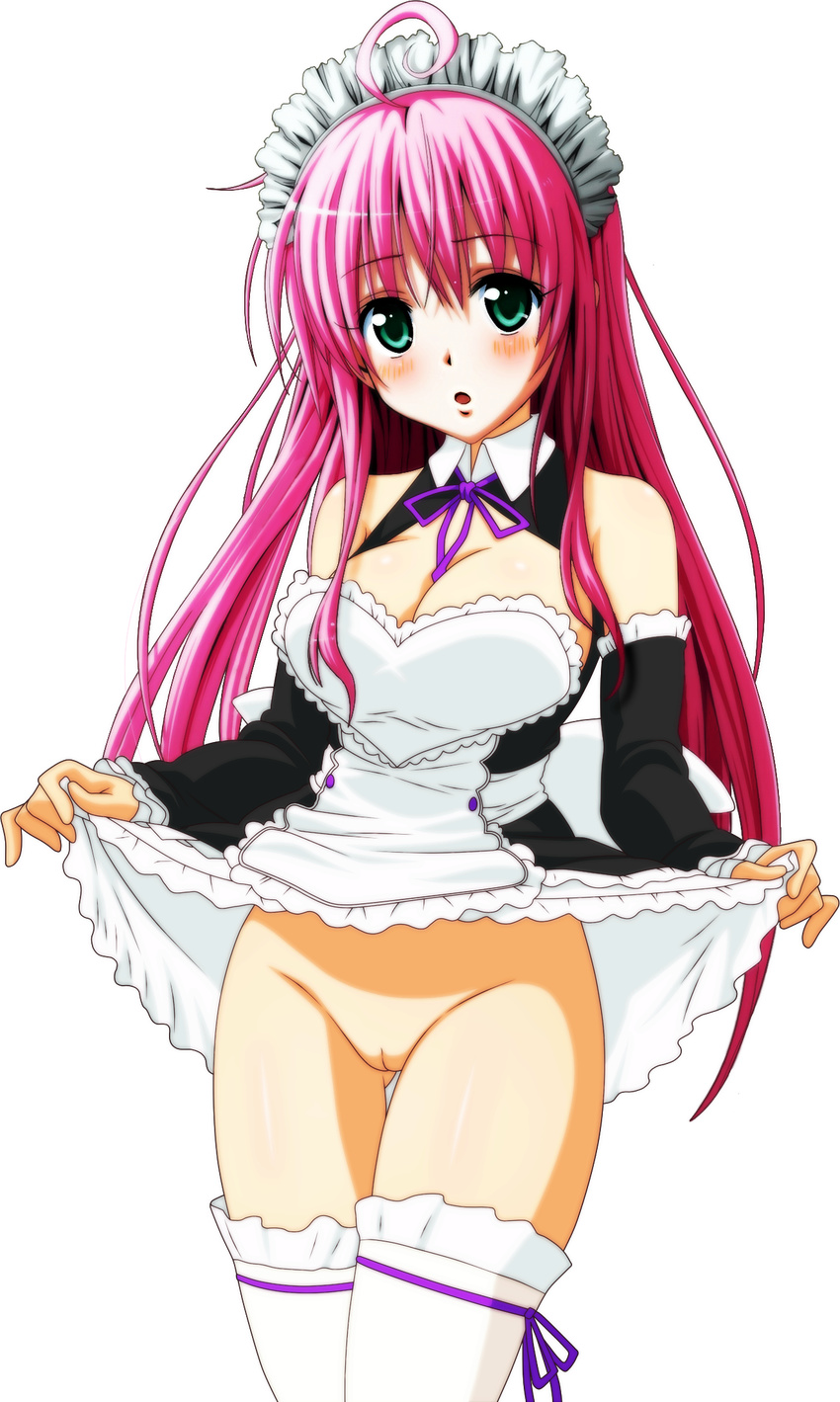 blush breasts gluteal_fold green_eyes highres lala_satalin_deviluke legs long_hair maid no_panties pink_hair pussy thighs to_love-ru toloveru uncensored upskirt