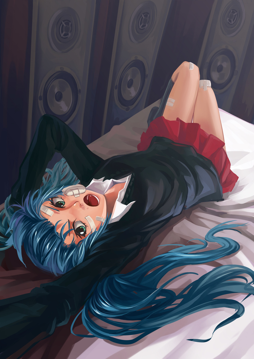 :o absurdres aqua_hair bandages bandaid bed green_eyes hatsune_miku highres long_hair lying on_back open_mouth rolling_girl_(vocaloid) skirt solo speaker upside-down vocaloid xiamianliele