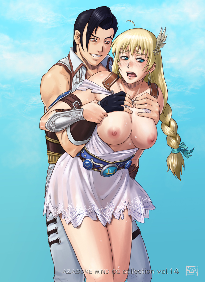 1girl aqua_eyes azasuke belt black_hair blonde_hair blush braid breasts clenched_teeth earrings fingerless_gloves gloves green_eyes highres jewelry large_breasts long_hair maxi maxi_(soulcalibur) nipples open_mouth red_eyes sex short_hair skirt smile sophitia_alexandra soul_calibur soulcalibur_iv standing sweat teeth topless vaginal