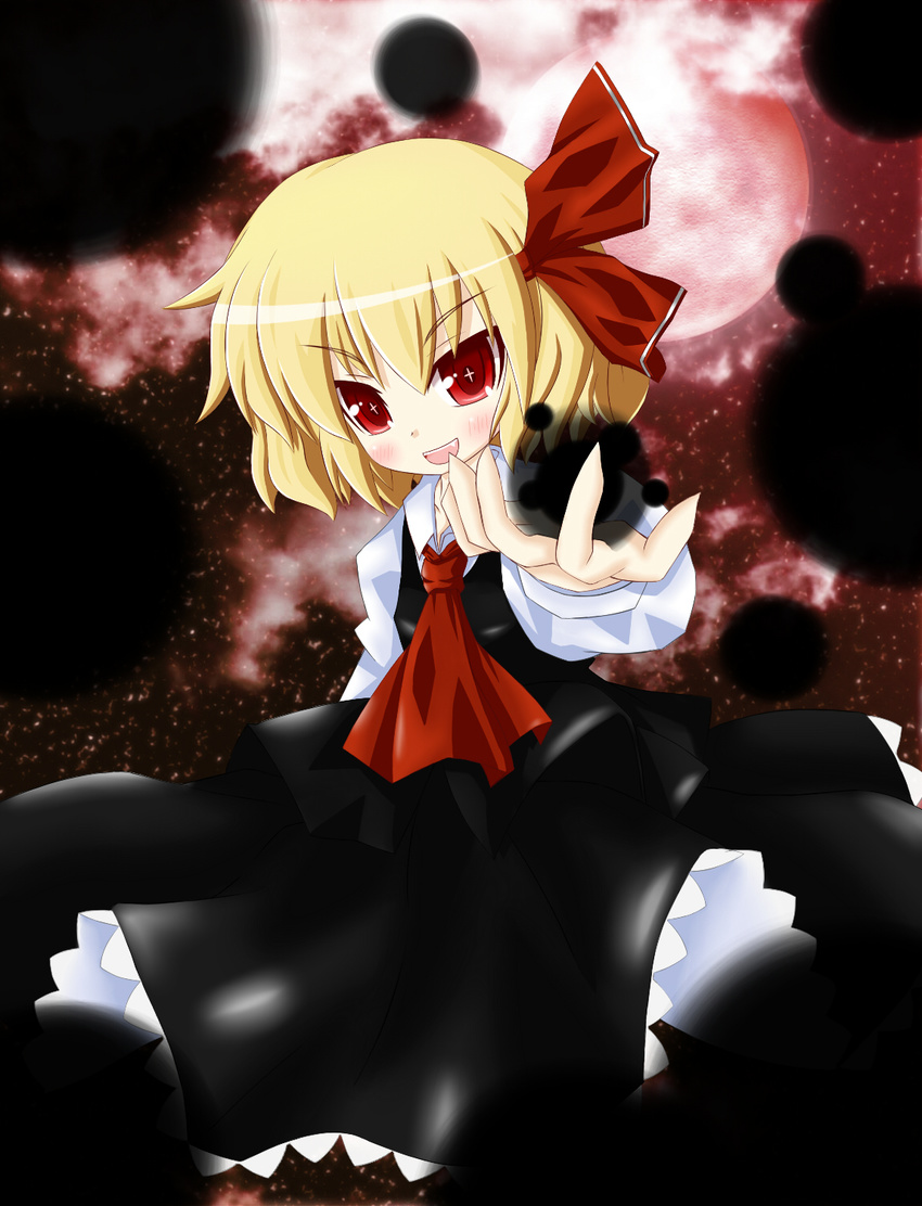 ascot bad_id bad_pixiv_id blonde_hair blush cocozasa dress fang full_moon hair_ribbon highres moon open_mouth red_eyes ribbon rumia shirt short_hair smile solo touhou