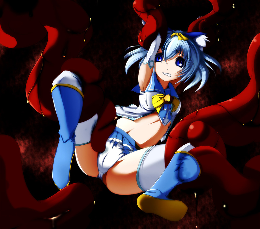 animal_ears armpit armpits blue_eyes blue_hair boots cameltoe cat_ears character_request clenched_teeth detached_sleeves dlc_sekiei dlcsekiei imminent_rape navel rape source_request spread_legs teeth tentacle thighhighs torn_clothes