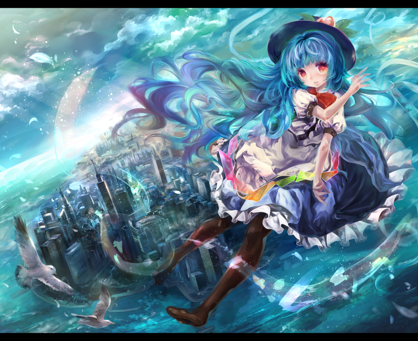 apron arm_up bad_id bad_pixiv_id bird blouse blue_hair brown_legwear city cityscape cloud dress food frilled_skirt frills fruit hat hinanawi_tenshi leaf letterboxed light_particles light_rays long_hair looking_at_viewer ocean open_mouth pantyhose peach red_eyes revision scenery seagull skirt sky smile solo sunbeam sunlight torino_akua touhou very_long_hair waist_apron