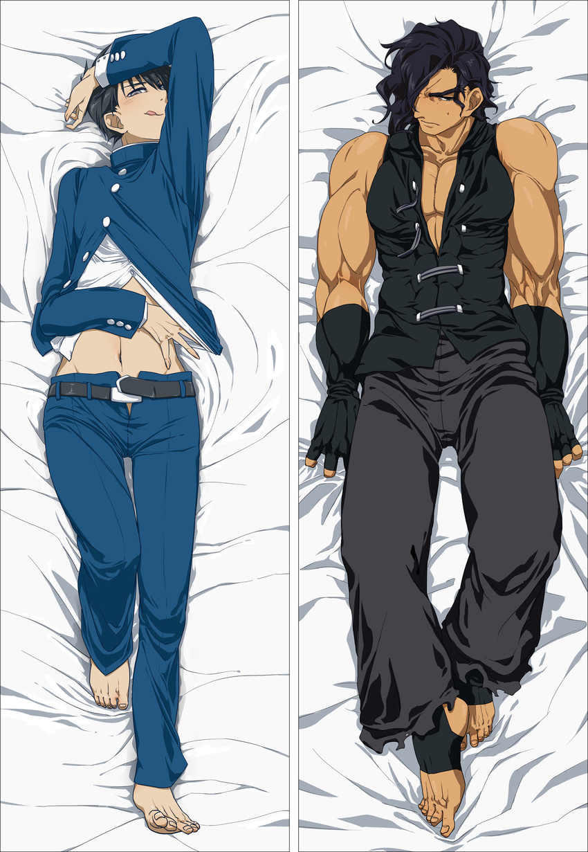 :q arm_up bare_shoulders barefoot bed_sheet black_hair blush come_hither dakimakura feet fingerless_gloves gloves hair_over_one_eye highres kishima_kouma looking_at_viewer looking_away lying male_focus melty_blood mole mole_under_eye multiple_boys muscle nanaya_shiki naughty_face navel on_back open_clothes pectorals school_uniform seductive_smile smile tongue tongue_out tsukihime wanyuwa
