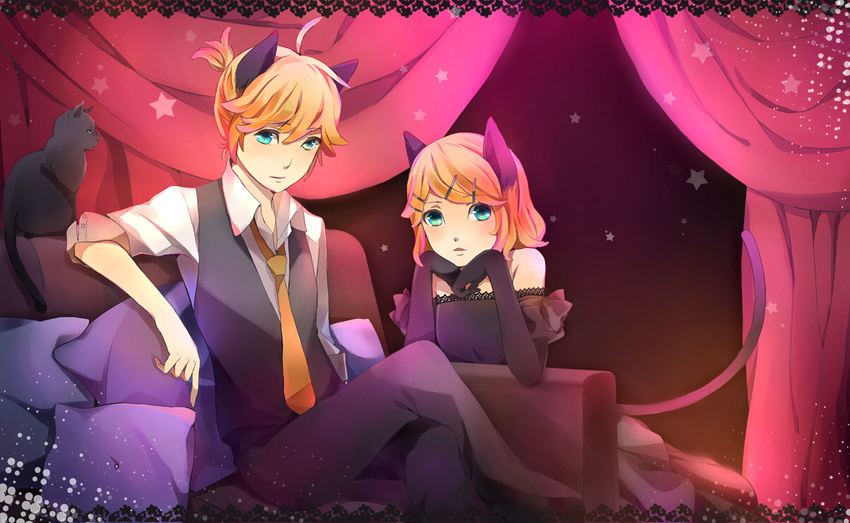 1girl ahoge animal_ears aqua_eyes bad_id bad_pixiv_id blonde_hair brother_and_sister cat cat_ears cat_tail chin_rest crossed_legs elbow_gloves gloves jiman kagamine_len kagamine_rin kemonomimi_mode necktie short_hair siblings sitting tail twins vocaloid