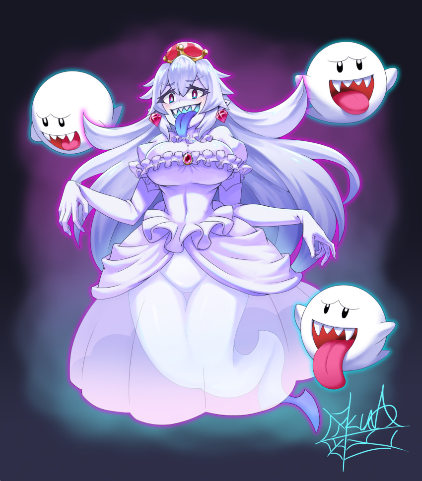1girl :d absurdres artist_name bangs blue_eyes blue_tongue boo breasts bright_pupils brooch cleavage crown dress drooling earrings elbow_gloves eyebrows_visible_through_hair full_body gem ghost ghost_tail gloves hair_between_eyes highres jewelry kumo_(kumo8159) large_breasts long_hair luigi's_mansion mario_(series) multicolored multicolored_eyes new_super_mario_bros._u_deluxe nintendo open_mouth pink_eyes pointy_ears princess_king_boo puffy_short_sleeves puffy_sleeves saliva see-through sharp_teeth short_sleeves smile super_crown teeth thigh_gap very_long_hair white_dress white_gloves white_hair white_skin