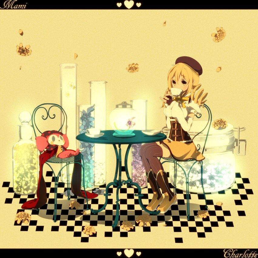 beret black_legwear blonde_hair boots chair character_name charlotte_(madoka_magica) checkered checkered_floor corset covered_mouth creature cup detached_sleeves drill_hair flower full_body hat heart highres jar knee_boots letterboxed long_hair mahou_shoujo_madoka_magica petals plate skirt striped striped_legwear table tama_(nezumi) teacup tears thighhighs tomoe_mami twin_drills twintails vertical-striped_legwear vertical_stripes vial yellow yellow_background yellow_eyes yellow_skirt