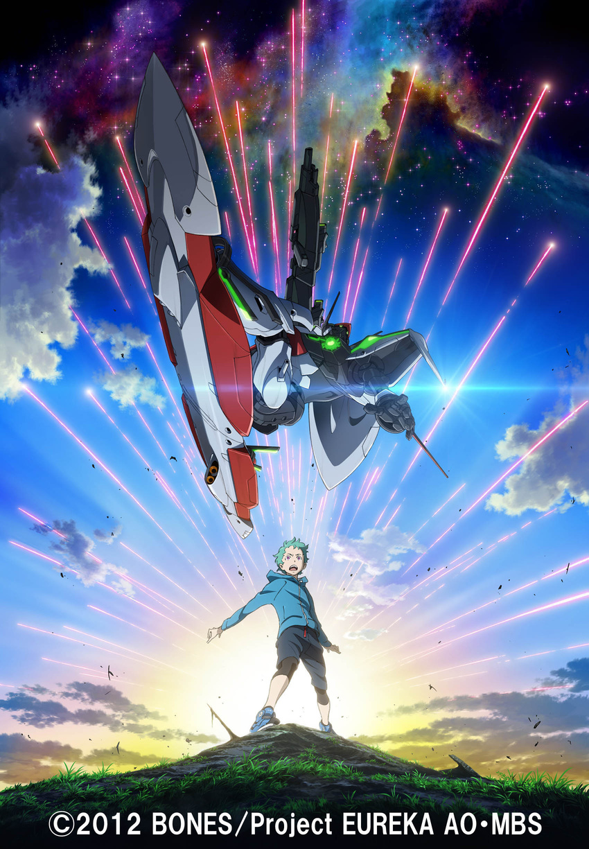 2012 absurdres aqua_hair artist_request cloud cloudy_sky eureka_seven_(series) eureka_seven_ao fukai_ao highres hood hoodie male_focus mecha nirvash_(eureka_seven_ao) sky star_(sky) surfing sweater weapon