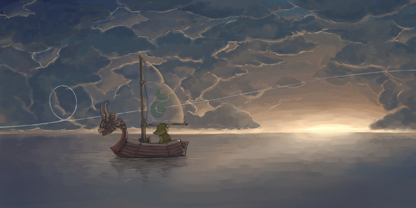 bad_id bad_pixiv_id boat cloud hat horizon kuruuya link ocean reflection sailboat scenery sunset the_king_of_red_lions the_legend_of_zelda the_legend_of_zelda:_the_wind_waker toon_link watercraft wind
