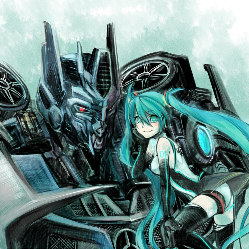 aqua_eyes aqua_hair chin_rest elbow_gloves gloves goodsmile_racing hatsune_miku long_hair race_queen racing_miku racing_miku_(2011) rkp smile soundwave thighhighs transformers twintails very_long_hair vocaloid