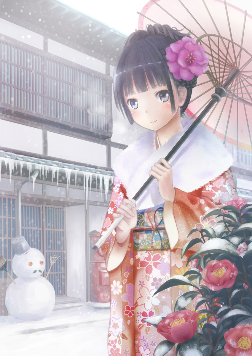 black_eyes black_hair camellia floral_print flower hair_flower hair_ornament highres japanese_clothes japanese_cylindrical_postbox kimono oriental_umbrella original postbox_(outgoing_mail) snow snowman solo taka_(tsmix) umbrella