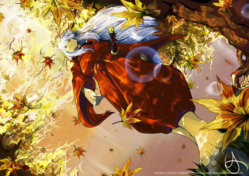 animal_ears barefoot cloud dog_ears dutch_angle feet from_below highres inuyasha inuyasha_(character) japanese_clothes jewelry leaf long_hair male_focus maple_leaf necklace qsan90 shade signature sunlight sword tree walking watermark weapon wide_sleeves yellow_eyes