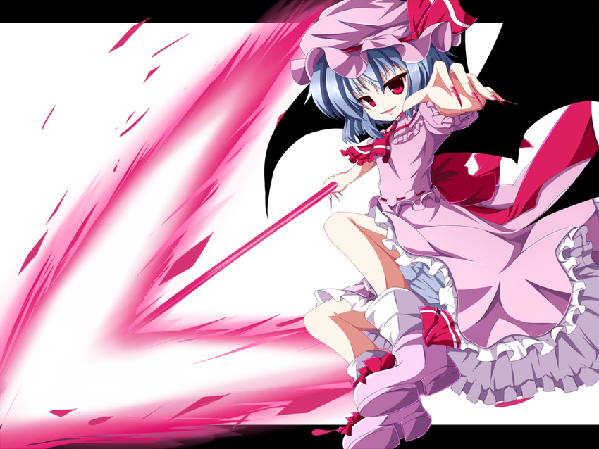 ascot bad_id bad_pixiv_id fingernails hat kuromari_(runia) long_fingernails looking_at_viewer open_mouth red_eyes remilia_scarlet short_hair silver_hair solo touhou wings